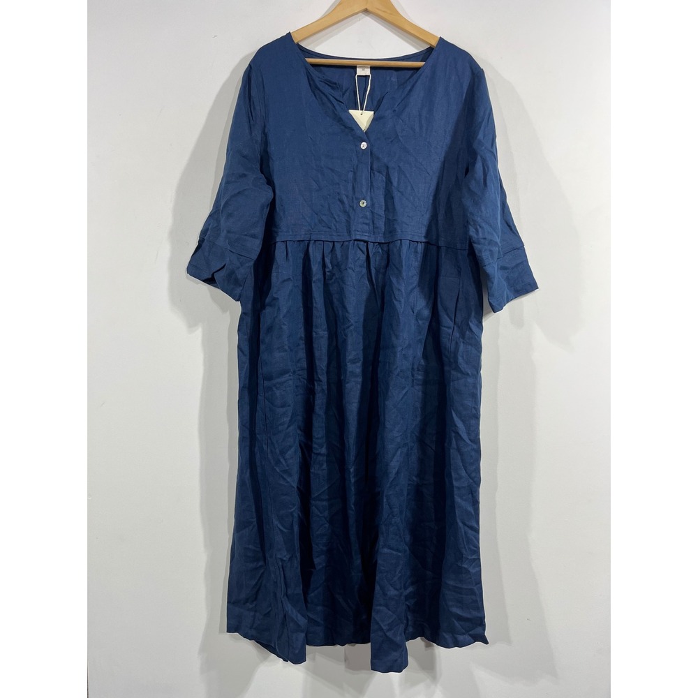 Lintico Coastal Minimalist Navy Blue 100% Linen Empire Waist Midi Dress XXL NWT